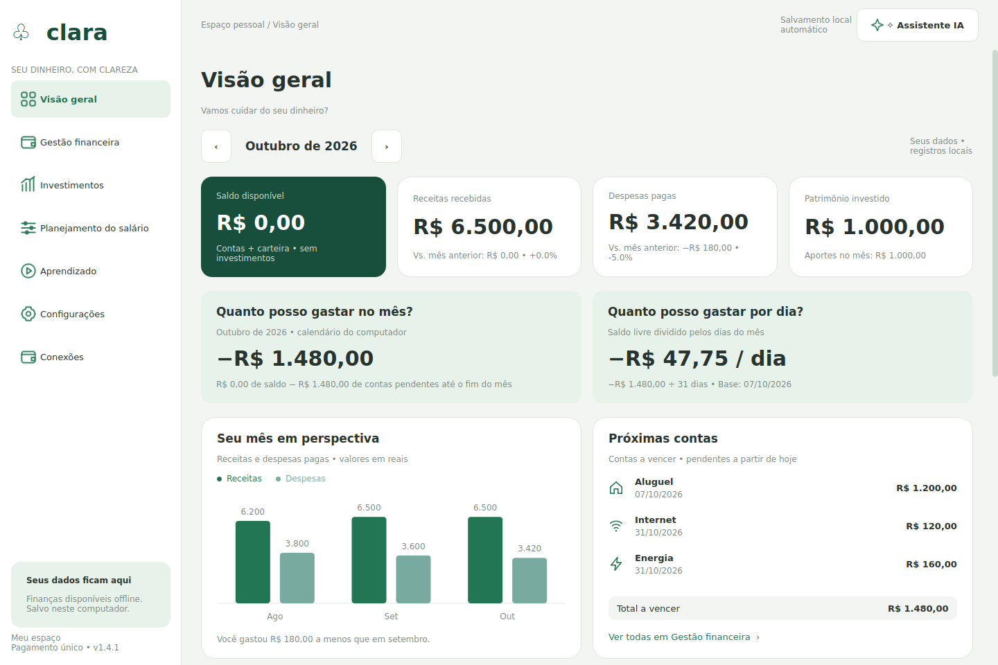 Tela demonstrativa do Clara com receitas, despesas, saldo e próximas contas