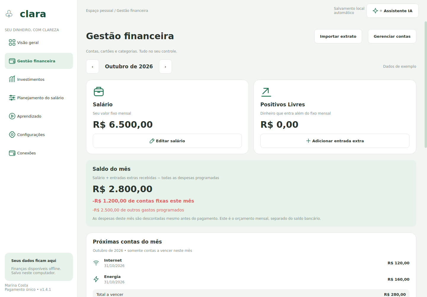Tela do Clara: Gestão financeira, com dados de demonstração