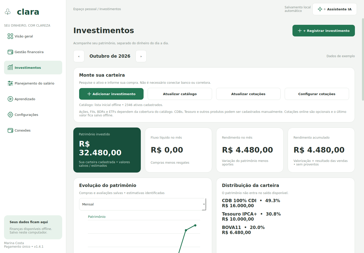 Tela do Clara: Investimentos, com dados de demonstração