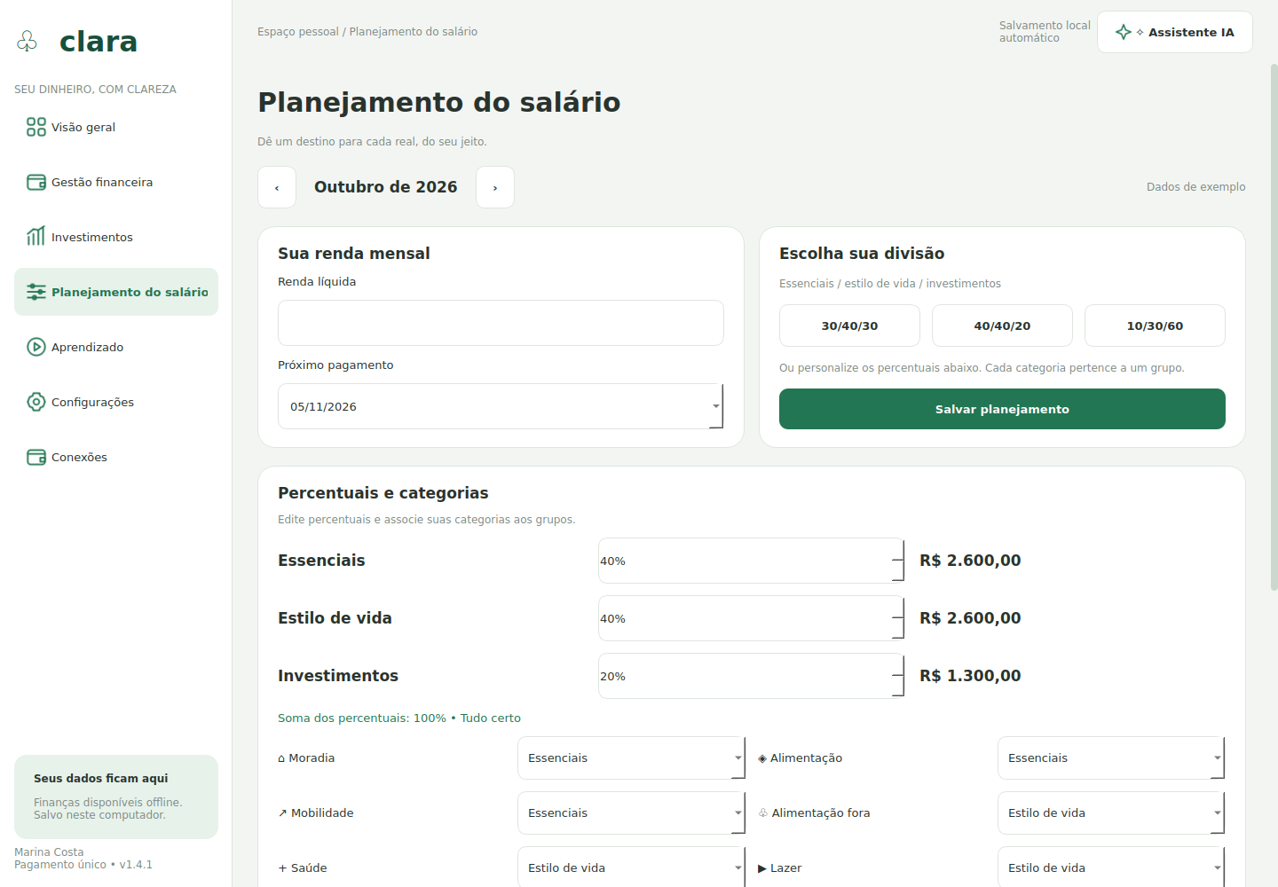 Tela do Clara: Planejamento do salário, com dados de demonstração