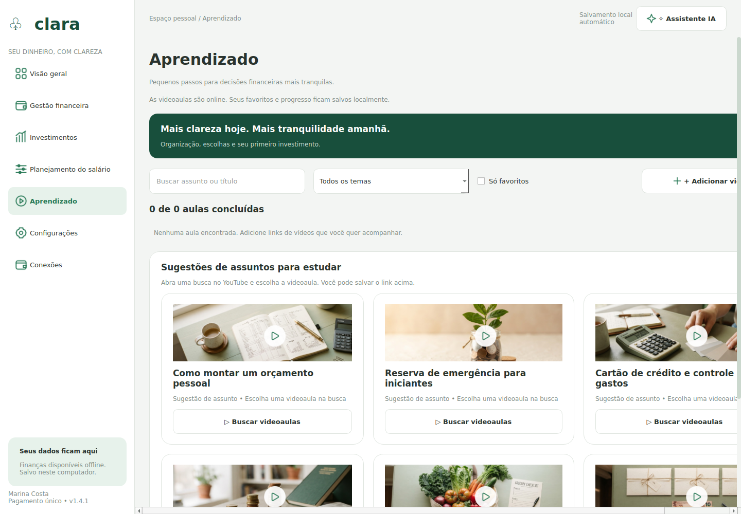Tela do Clara: Aprendizado, com dados de demonstração