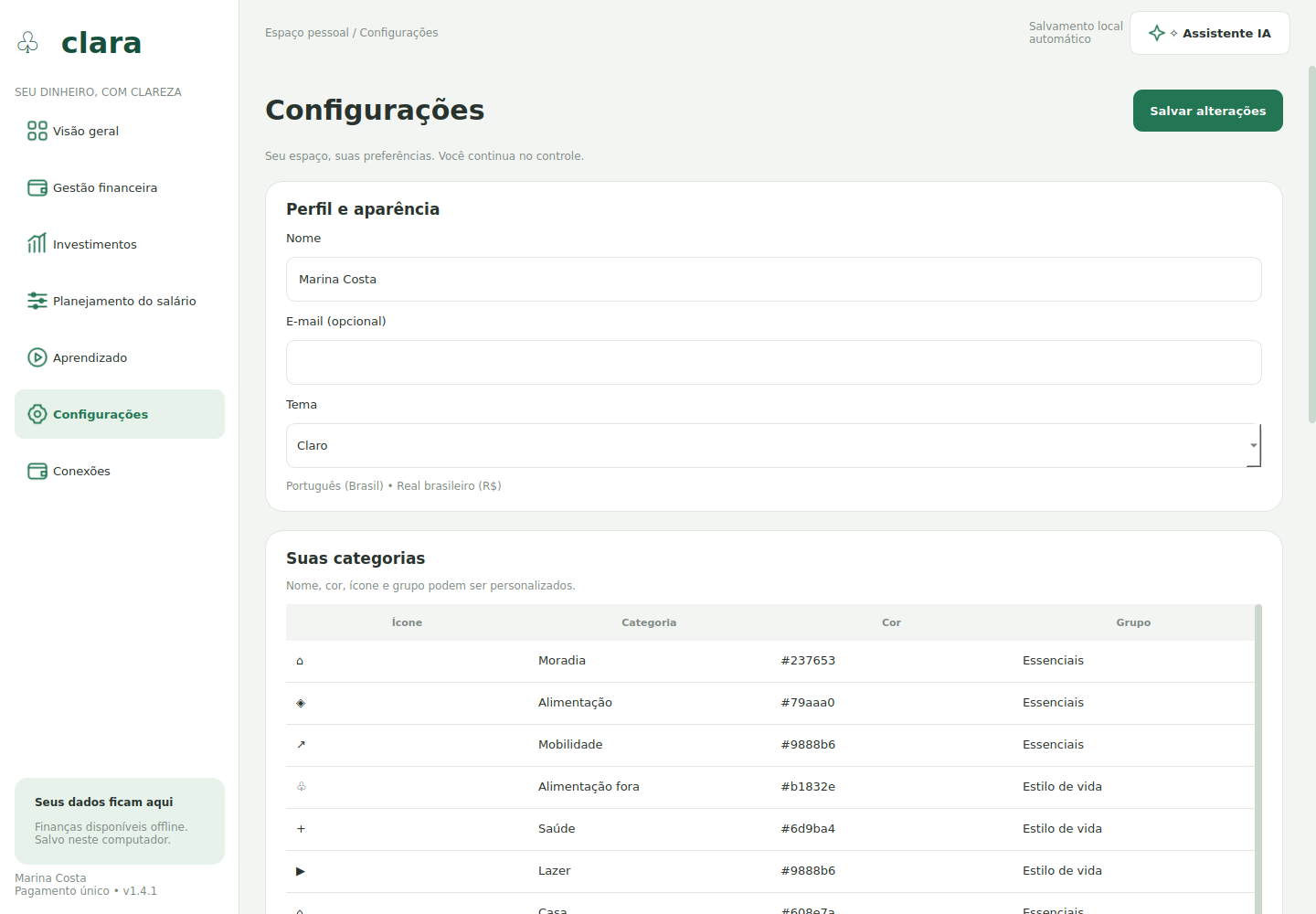 Tela do Clara: Configurações, com dados de demonstração