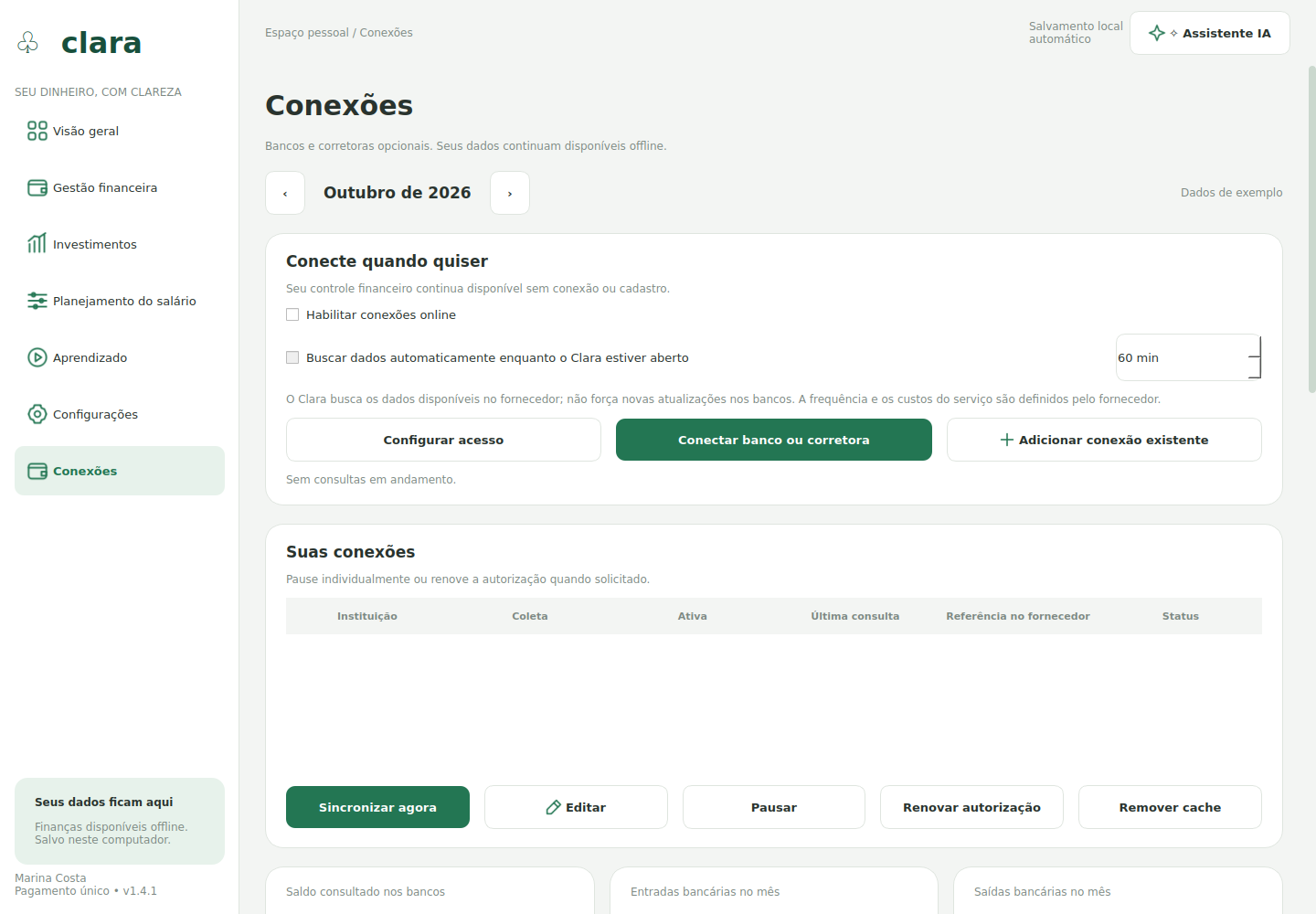 Tela do Clara: Conexões, com dados de demonstração
